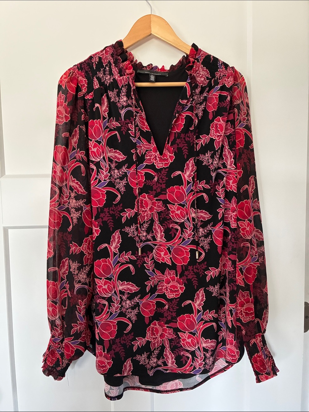 White House Black Market Black Blouse with Pink Floral Print